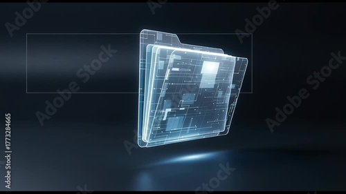 Business digital interface hologram folder glowing with futuristic technology on dark background for data management and innovation concept