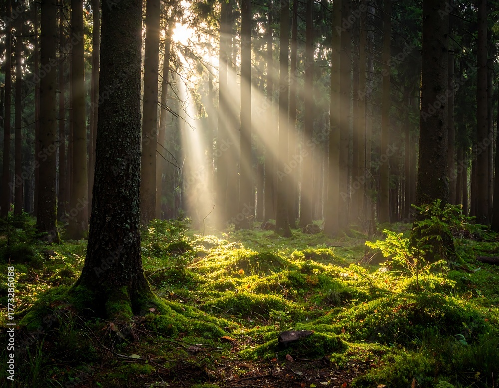 Obraz premium Sun rays pierce through a dense forest, illuminating the mossy undergrowth