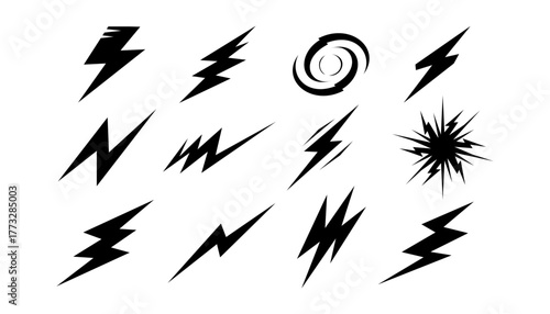 Lightning bolt icon. Flash symbol, thunderbolt, blitz lightnings strike sign. Electric energy black silhouettes, power concept. Vector isolated dynamic sports logo set template