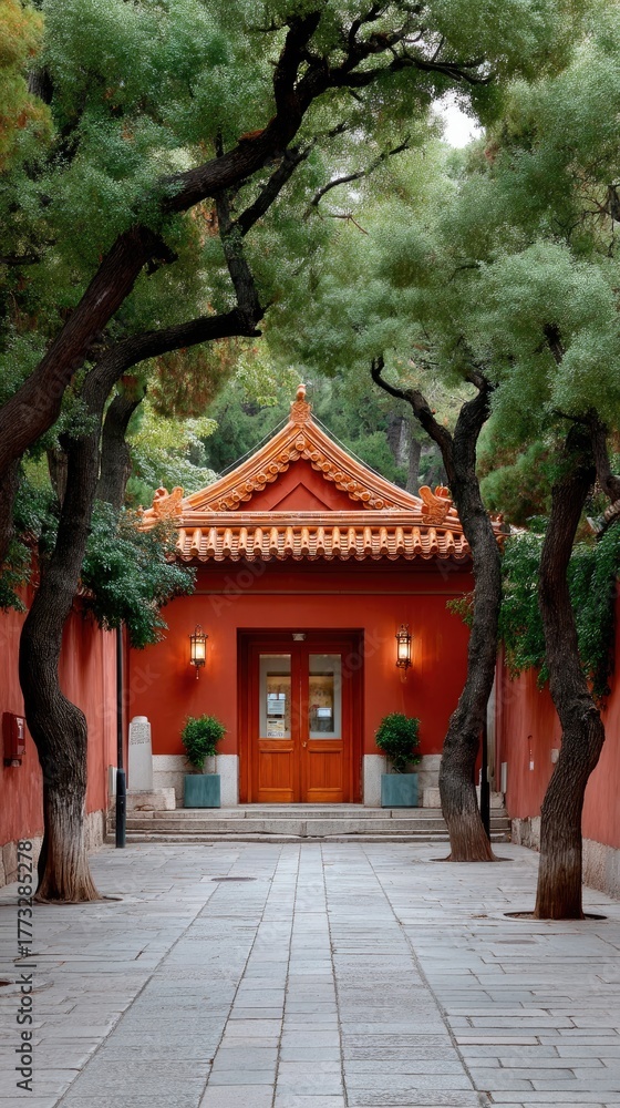 Obraz premium Serene Temple Entrance with Vibrant Red Walls Lush Green Trees and Ornate Orange Roof Under Soft Natural Light