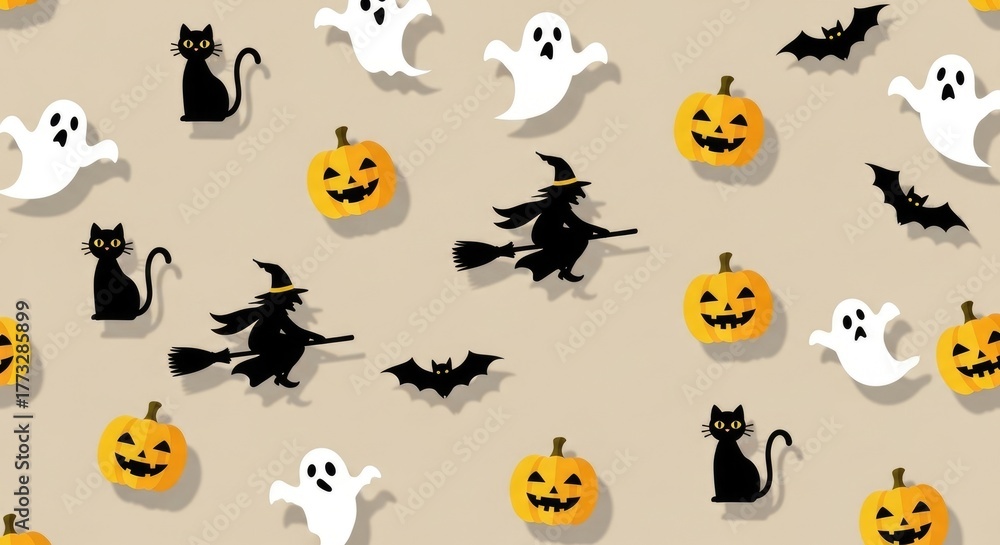 Obraz premium Halloween Spooky Pattern with Ghosts Pumpkins Witches and Bats.
