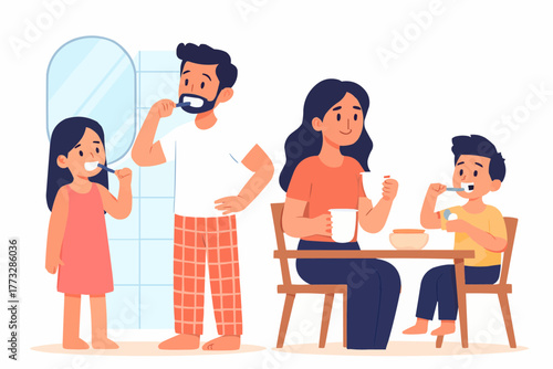 Vector of family doing morning routine together, brushing teeth and breakfast