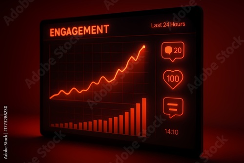 A glowing digital dashboard showing engagement growth with rising graphs, likes, and comments, symbolizing YouTube algorithm performance, content success, and audience interaction.