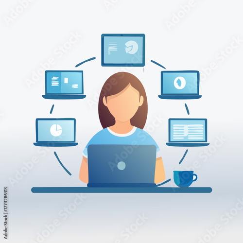 Woman working remotely with multiple laptops and screens.