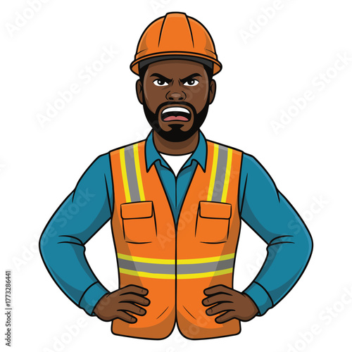 Angry young African builder vector flat design illustration isolated on white background screaming clenching fists shouting in hard hat perfect for work or construction theme