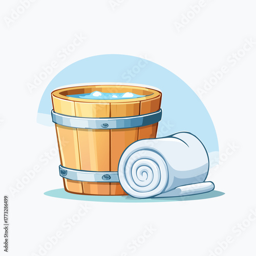 Wooden bucket filled with water and rolled towel illustration.