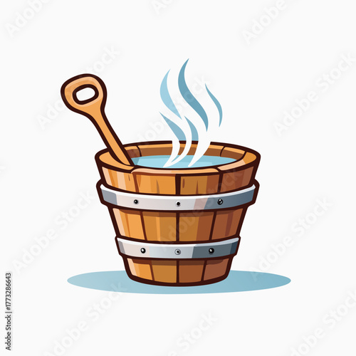 Wooden bucket with hot water and steam, spa relaxation concept.
