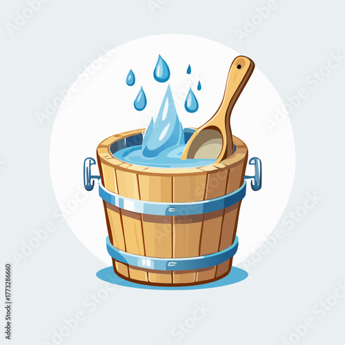 Wooden bucket with water and ladle, spa relaxation concept.
