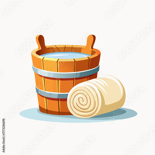 Wooden bucket with water and rolled towel for spa.