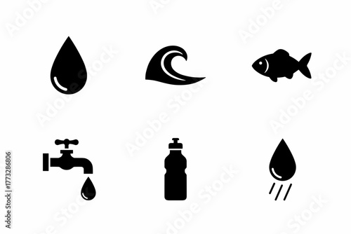 Black and white water silhouette icon set