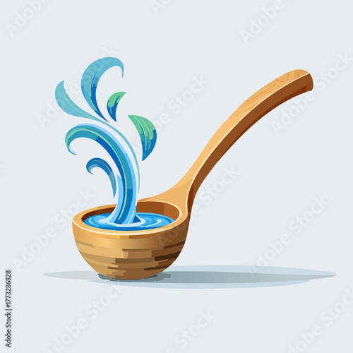Wooden Ladle with Water Splash - A Refreshing Spa Element.