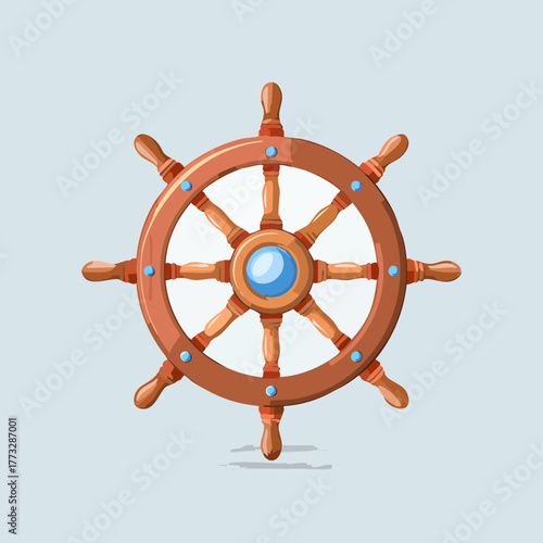 Wooden Ship Steering Wheel Isolated on Light Blue Background.