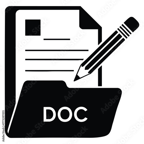 Black linear icon of DOC file word processing software format with text images tables charts outline symbol isolated vector design suitable for tech concepts