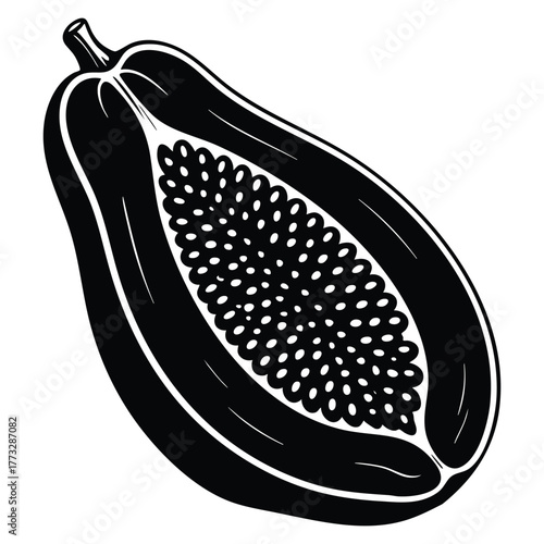 Black silhouette of ripe papaya fruit in cut fruit glyph icon flat vector illustration suitable for tropical food nutrition or organic product design