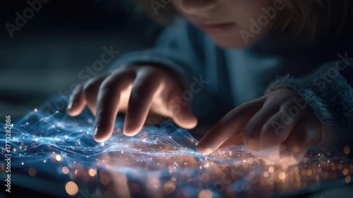Young Child Engaged with Interactive Digital Technology as Hands Touch Bright Sparks of Light and Digital Connectivity on Screen Display