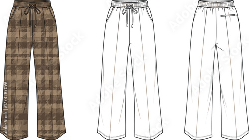 Women’s wide leg pants flat sketch, CAD drawing, drawstring waistband, plaid fabric, side pockets, vector template, garment design, technical illustration