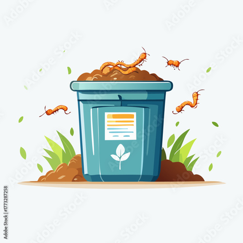Worm Composting Bin with Worms and Soil Illustration.