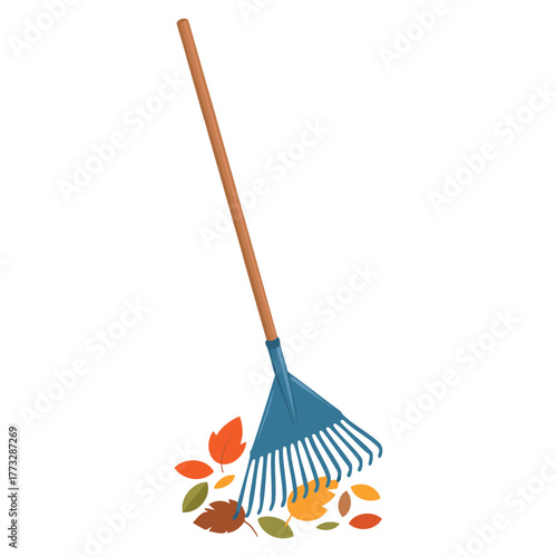 Blue rake with dried leaves illustration isolated vector design element perfect for garden autumn landscaping outdoor nature or seasonal themed creative artwork
