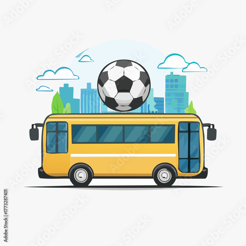 Yellow school bus carrying a soccer ball on top with city skyline background.