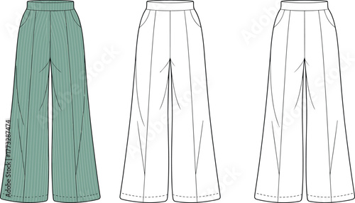 Women’s wide leg pants front views with colored and line drawings, high waist, pinstripe fabric, relaxed fit, cad drawing flat vector illustration