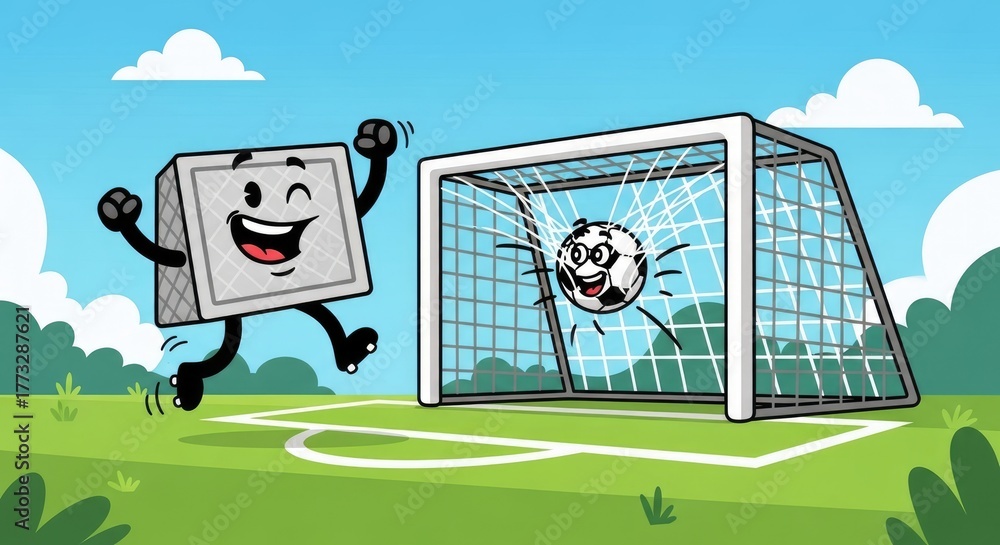 Fototapeta premium Happy Calendar Character Scoring a Goal in a Soccer Match.