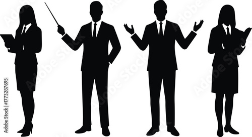 PrintBusiness professionals silhouette, corporate team, formal attire, presentation gesture, teamwork concept, leadership, communication, office staff, black vector, illustration