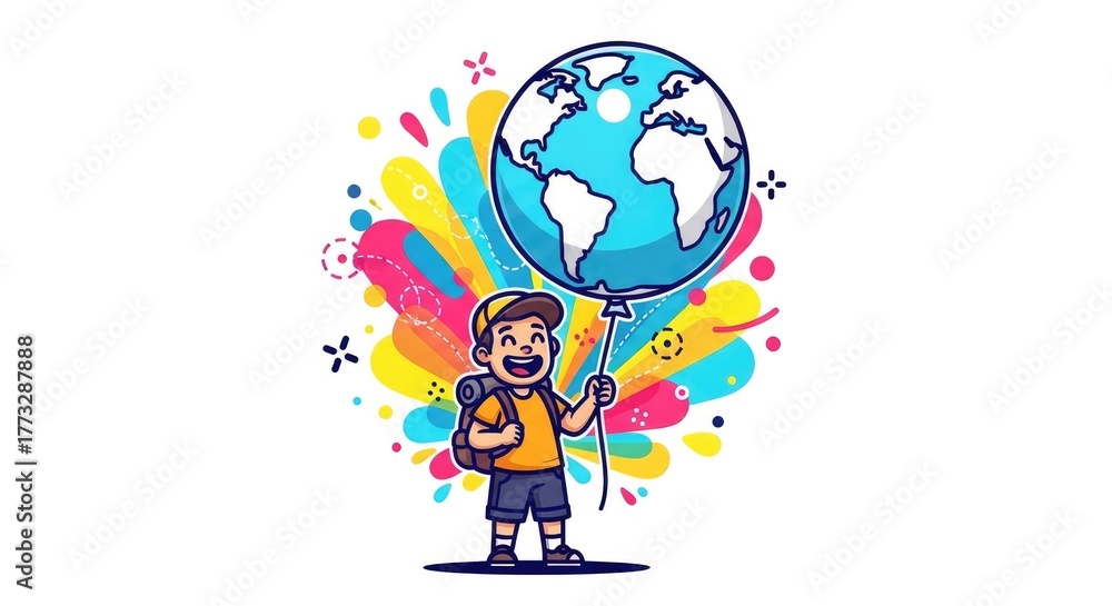 Naklejka premium Happy Child Holding Earth Balloon with Colorful Splashes.