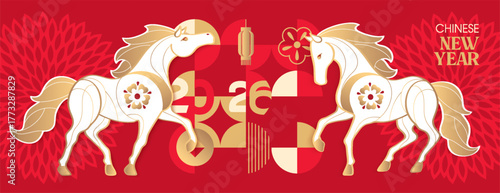 Chinese new year 2026 year of the Horse poster with zodiac sign. Asian style design. Concept for traditional holiday card, banner, poster, decor element.
