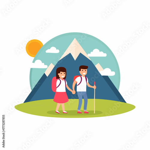 Young Couple Hiking in Mountains on a Sunny Day.