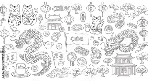 Detailed Chinese Culture Doodle Art Elements Illustration.