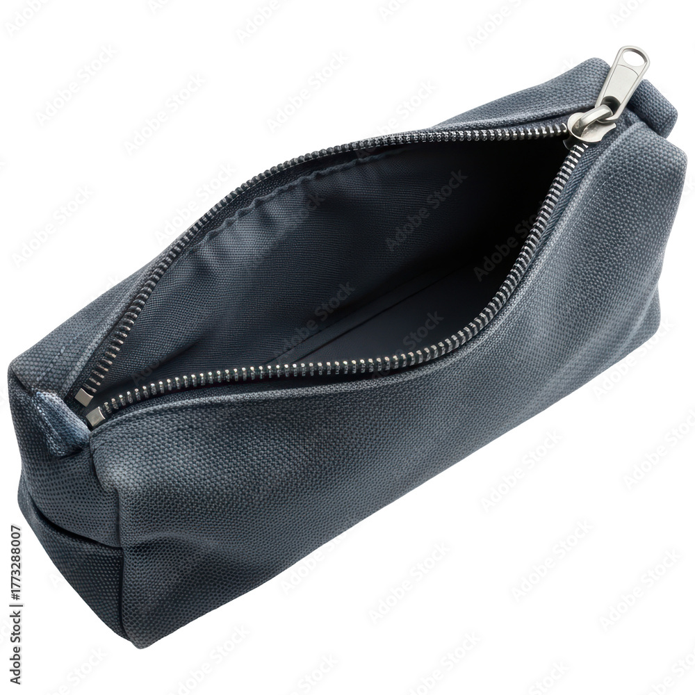Naklejka premium Empty open dark gray pencil case with zipper for school or office supplies