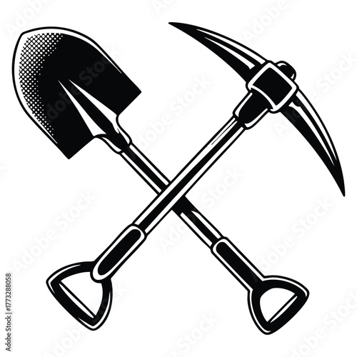 Crossed shovel pickaxe glyph icon vector isolated illustration showing digging tool construction mining labor work symbol silhouette for creative industrial design theme