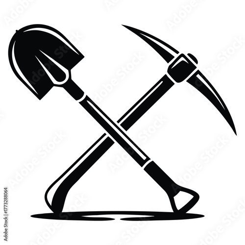 Crossed shovel and pickaxe glyph icon vector illustration silhouette symbol representing digging tool construction mining or labor work design element isolated artwork
