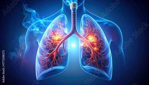 Pneumonia lungs infection, respiratory disease, inflammation, mucus buildup, medical illustration, x-ray anatomy, breathing problem, healthcare, virus bacteria, realistic medical concept
