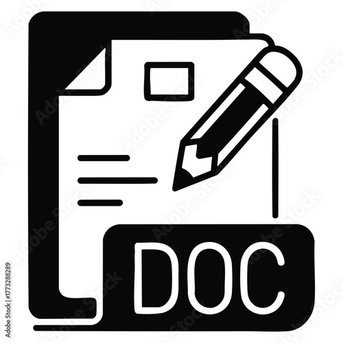 DOC file black linear icon document file format word processing software formatted text images tables charts outline symbol vector isolated illustration