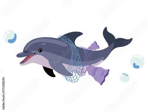 Dolphin with plastic bags vector illustration isolated on white background ideal for sea life conservation ocean pollution awareness or environmental design projects