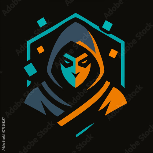 Stealth Rogue Gaming Mascot With Hood Mask And Hex Shield Highlights
