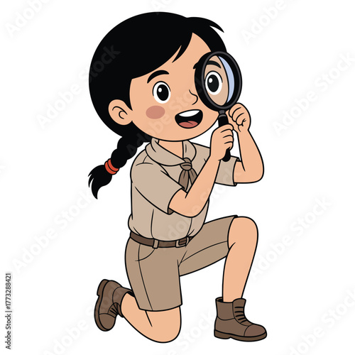 Exploration girl vector illustration with magnifying glass isolated on white background perfect for detective, learning, or educational themed creative artwork