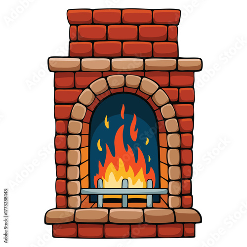 Fireplace and hearth design sticker with fireplace made of red bricks stones and clay burning firewood isolated vector illustration perfect for comfort and warmth theme