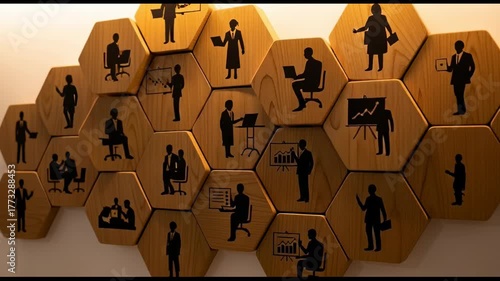 Recruitment teamwork leadership concept for business success with office icons on wood hexagons representing collaboration and professional growth