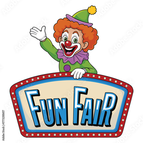 Fun fair sign template with happy clown in background illustration perfect for amusement park carnival poster decoration or festive playful themed artwork