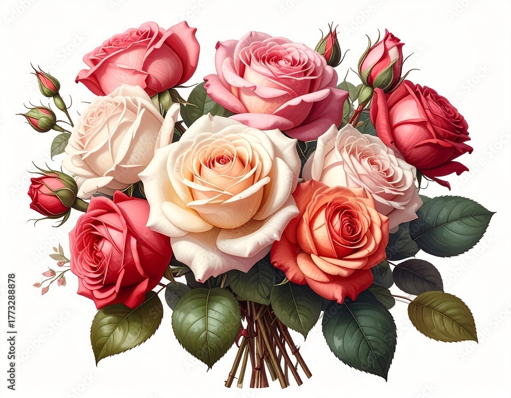 Naklejka premium A vibrant, watercolor-style bouquet featuring multiple roses of varying shades of pink, red, and cream. The stems are tied with twine