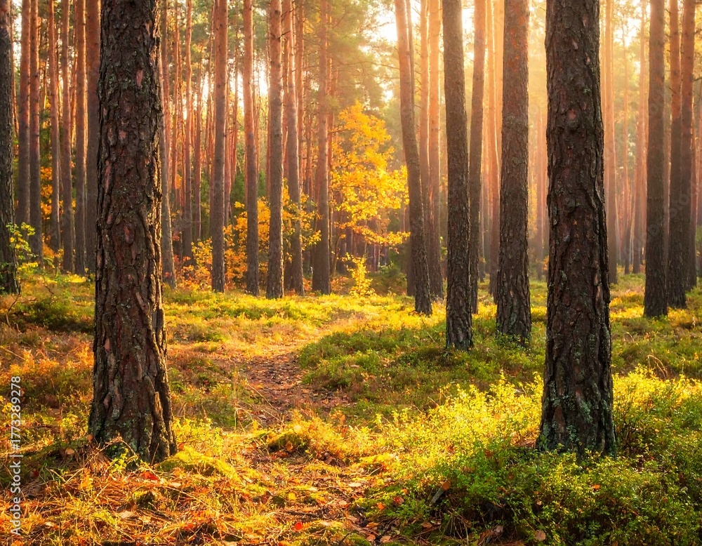 Obraz premium Sunlight streams through forest trees, lighting up the vibrant undergrowth