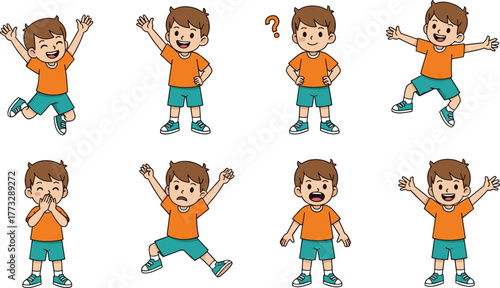 PrintCartoon boy character, emotional expressions, happy, sad, confused, surprised, jumping, celebrating, vector illustration, isolated, kids, emotions, poses
