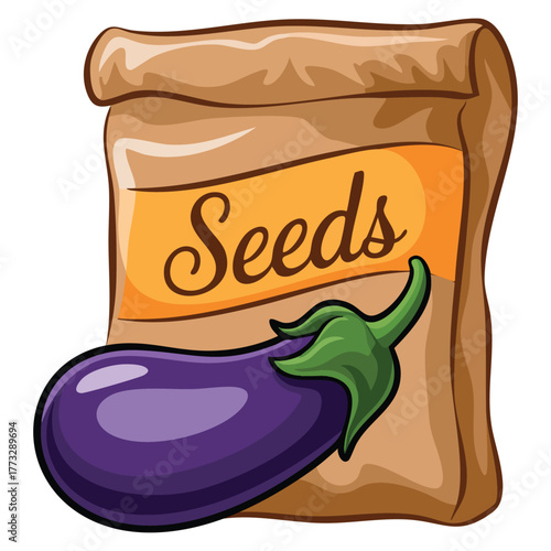 Illustration of a pouch of eggplant seeds on white background vector isolated perfect for gardening agriculture planting or vegetable cultivation themed designs