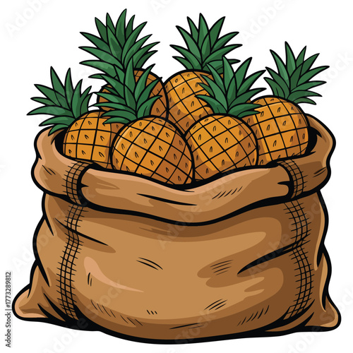 Illustration of a sack of pineapples on white background isolated design element perfect for tropical fruit packaging food dessert or kitchen artwork