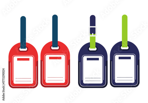 Four luggage tags with different colors, including red, blue, and green, for travel identification.