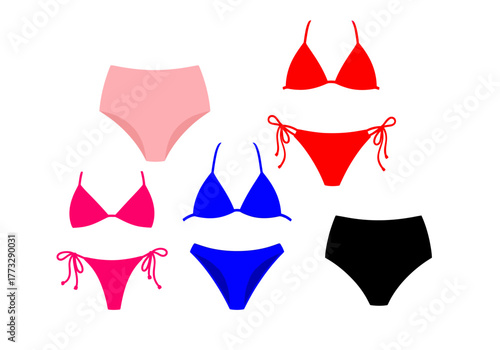A colorful collection of women's two-piece swimsuits and bikini bottoms isolated on a white background.