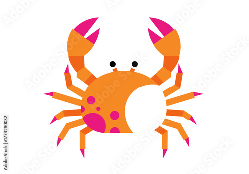 A stylized, cartoonish orange crab with pink accents and dots, facing forward with claws raised.