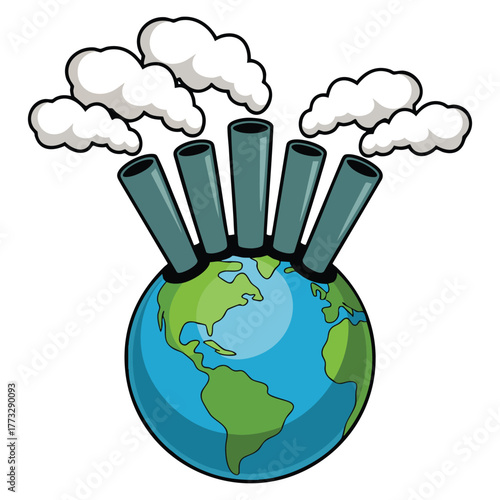 Illustration of earth with factory for global warming theme ideal for environmental protection awareness climate education and pollution reduction graphics